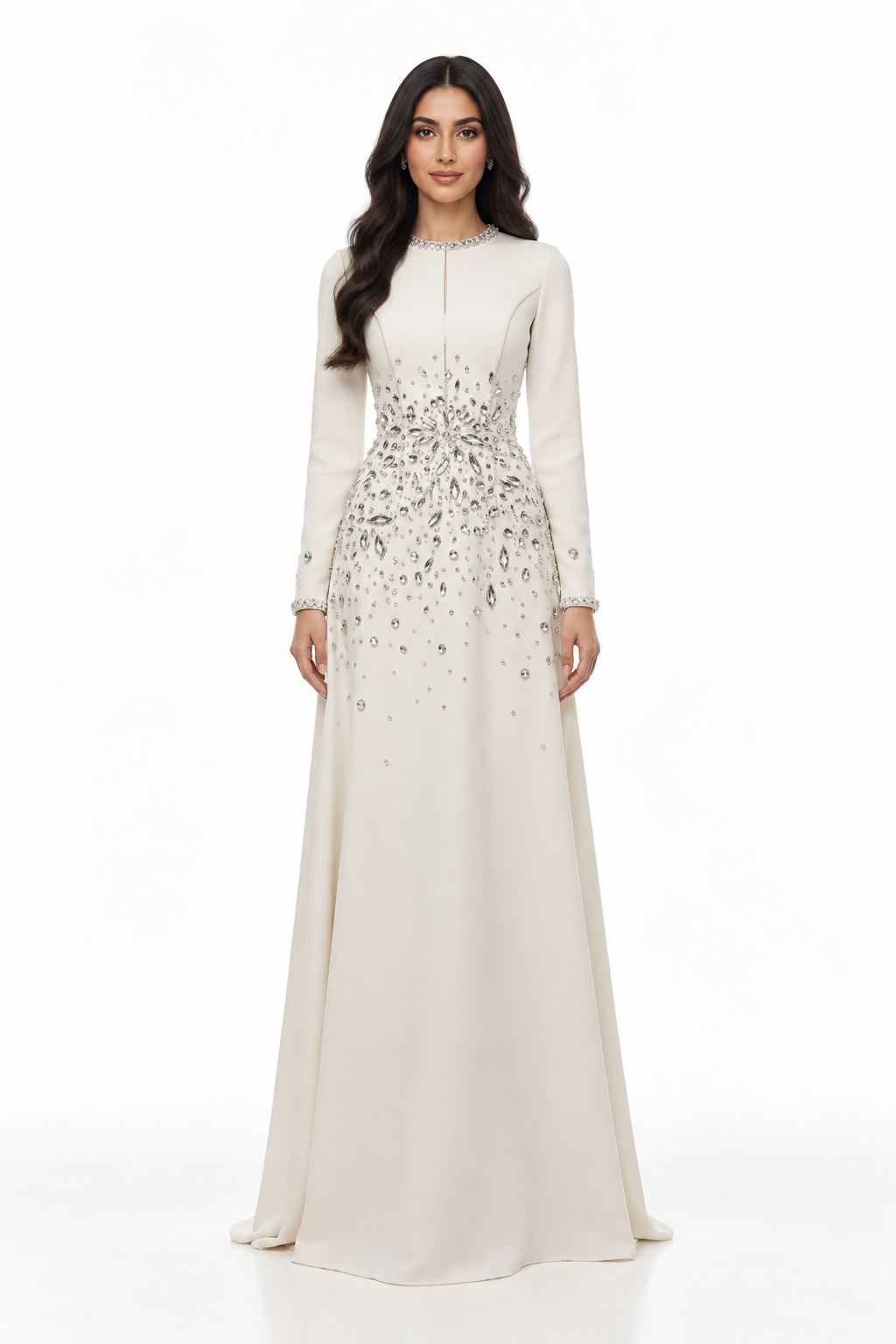 Ivory Crystal Embellished Evening Maxi Dress - Celina