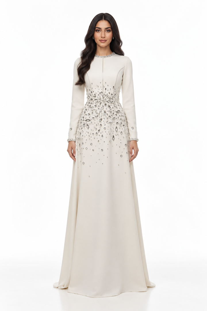 Ivory Crystal Embellished Evening Maxi Dress - Celina
