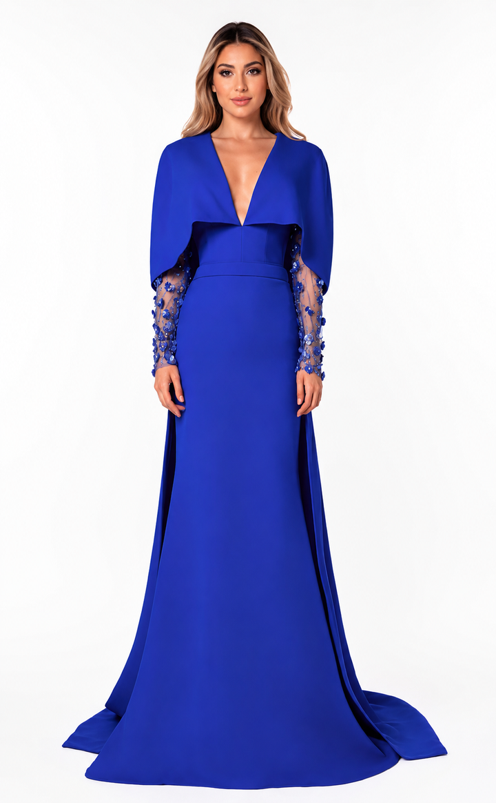 Embellished Cape Mermaid Gown – Cobalt