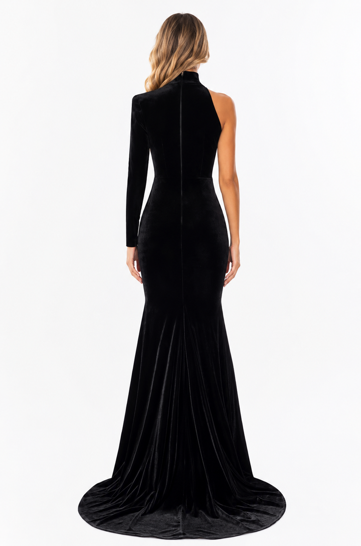 One-Sleeve Velvet Mermaid Gown – Noir