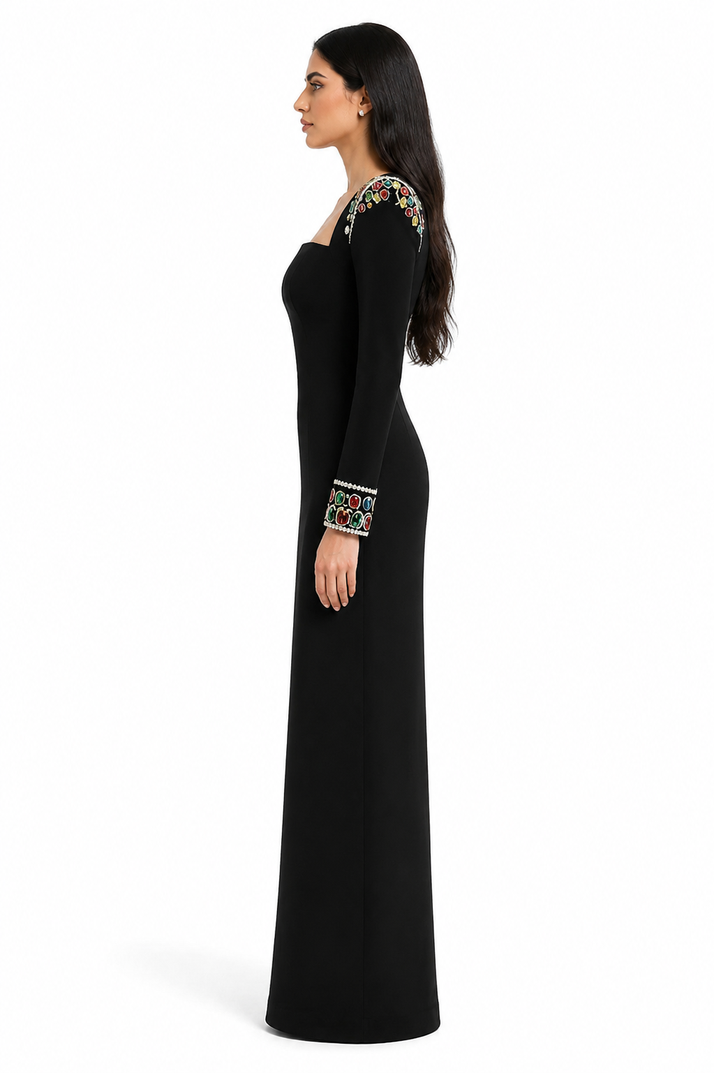 long-sleeve column gown with embellished shoulders – ARISTELLA