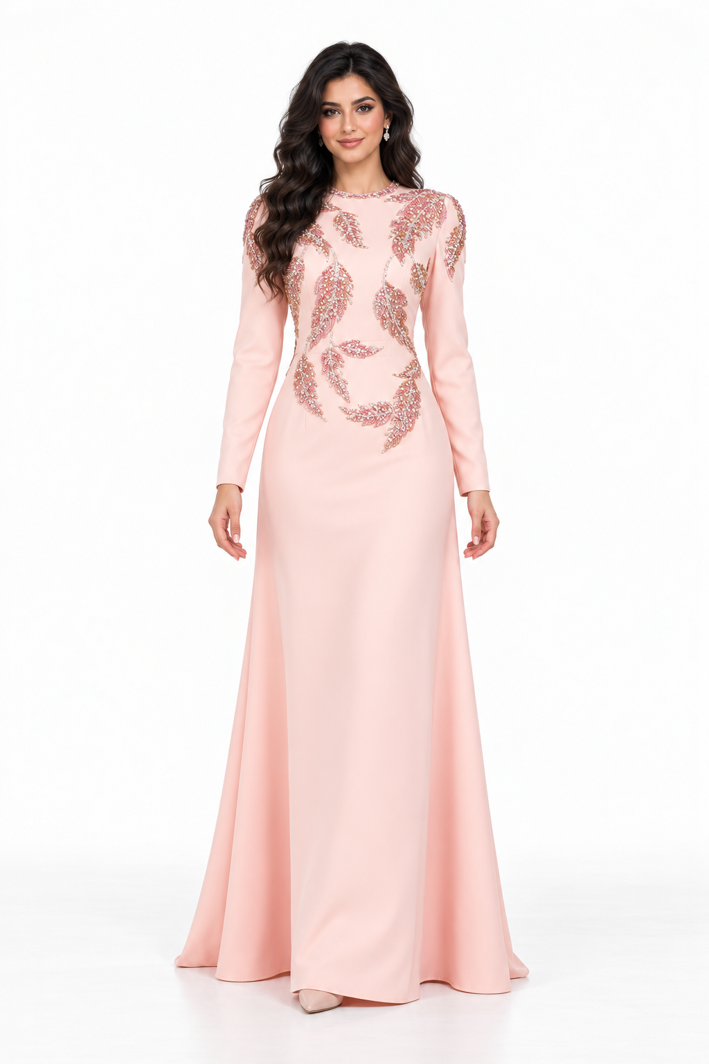 Beaded Leaf Long Sleeve Evening - Petalia