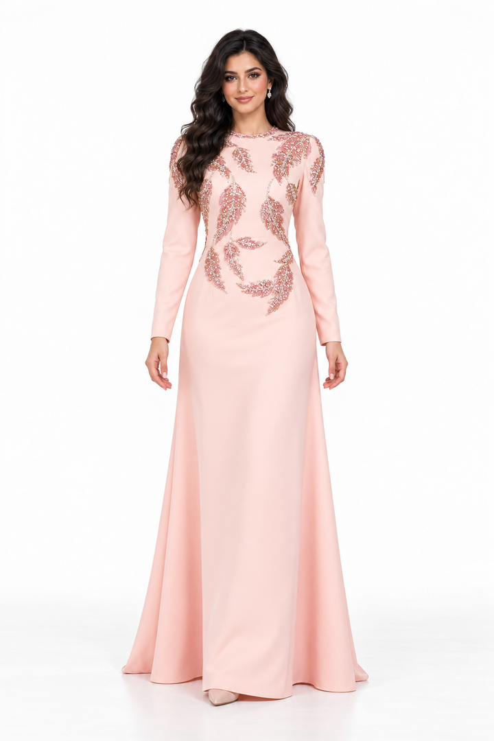 Beaded Leaf Long Sleeve Evening - Petalia