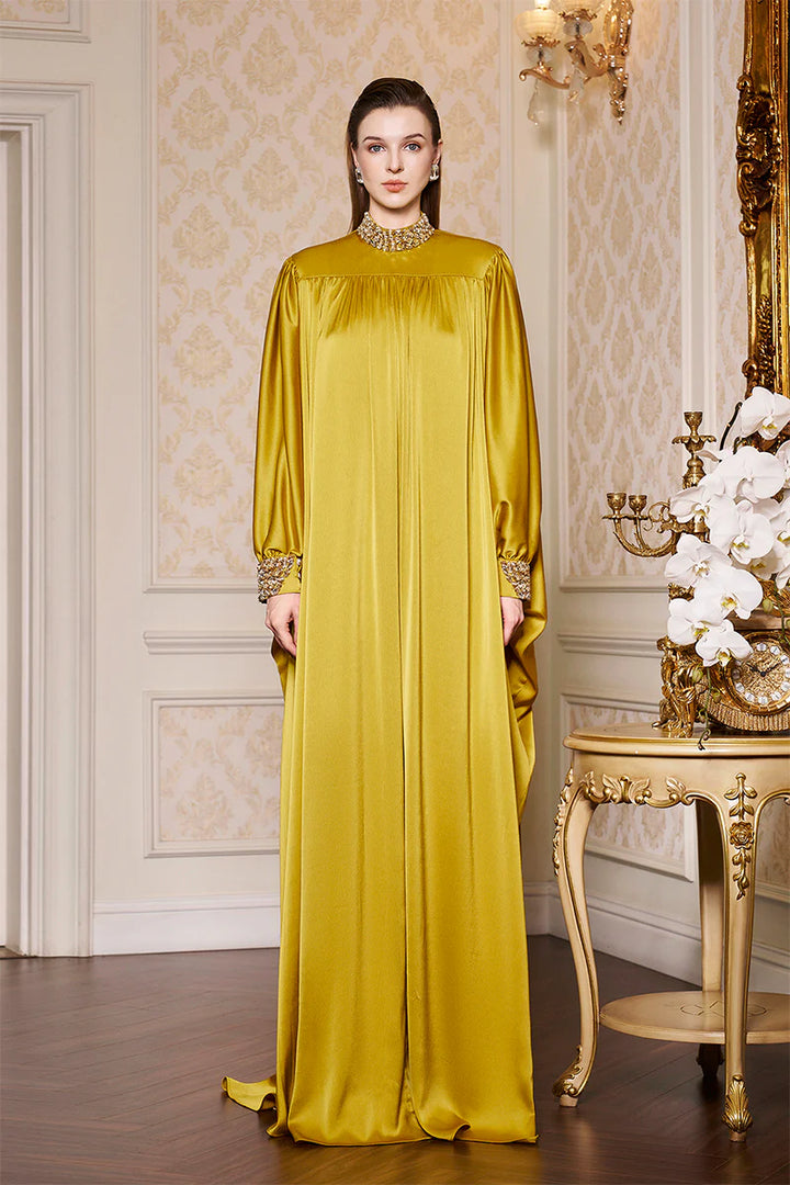 high-neck draped kaftan gown with embellished cuffs – AURORA