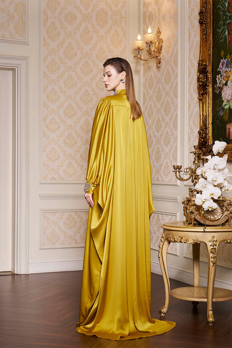 high-neck draped kaftan gown with embellished cuffs – AURORA