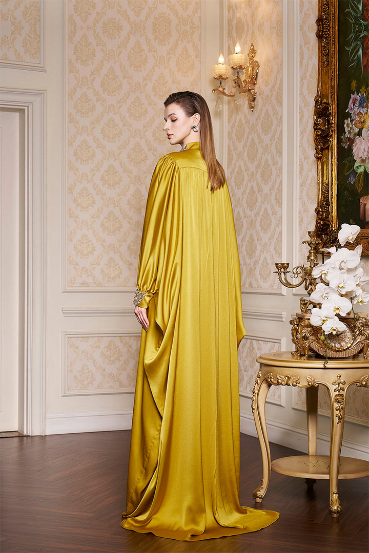 high-neck draped kaftan gown with embellished cuffs – AURORA