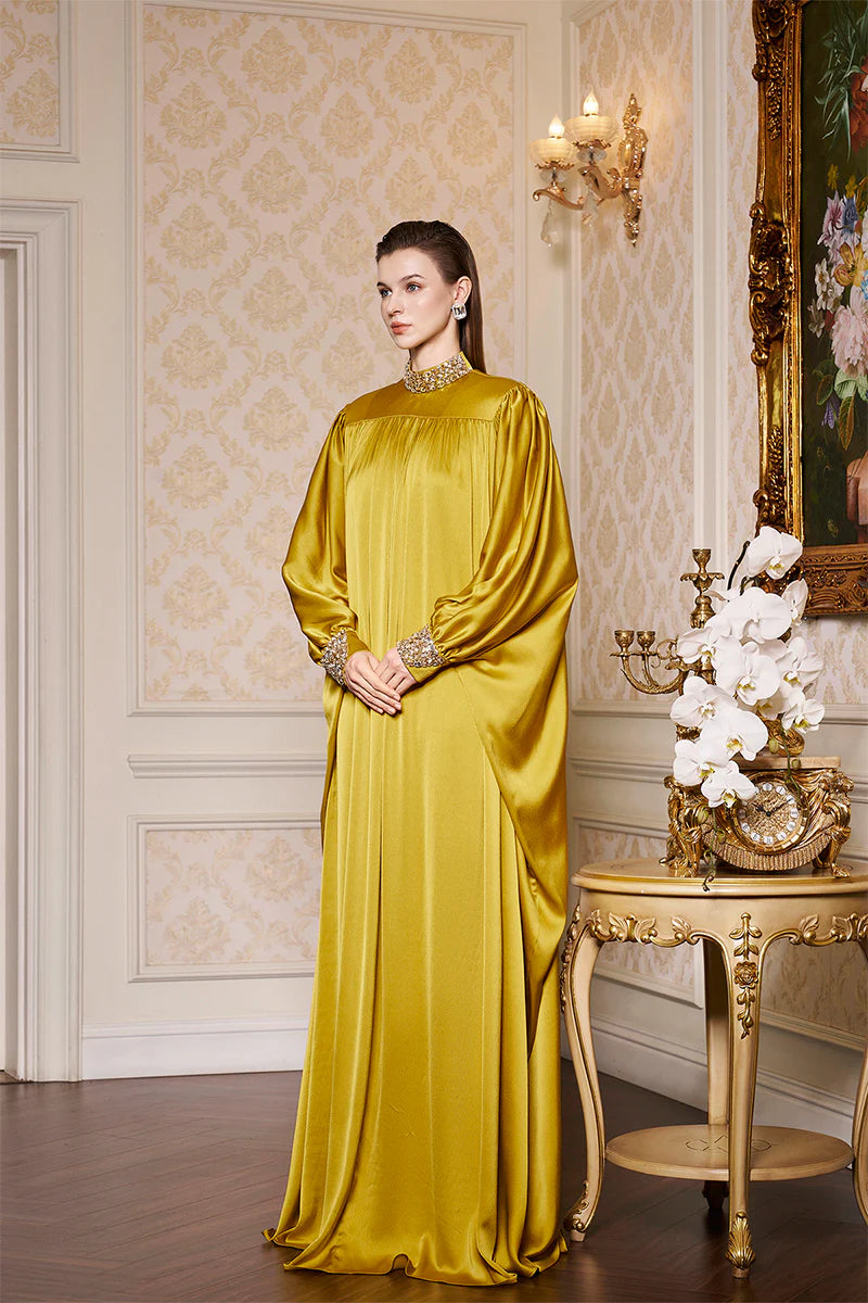 high-neck draped kaftan gown with embellished cuffs – AURORA