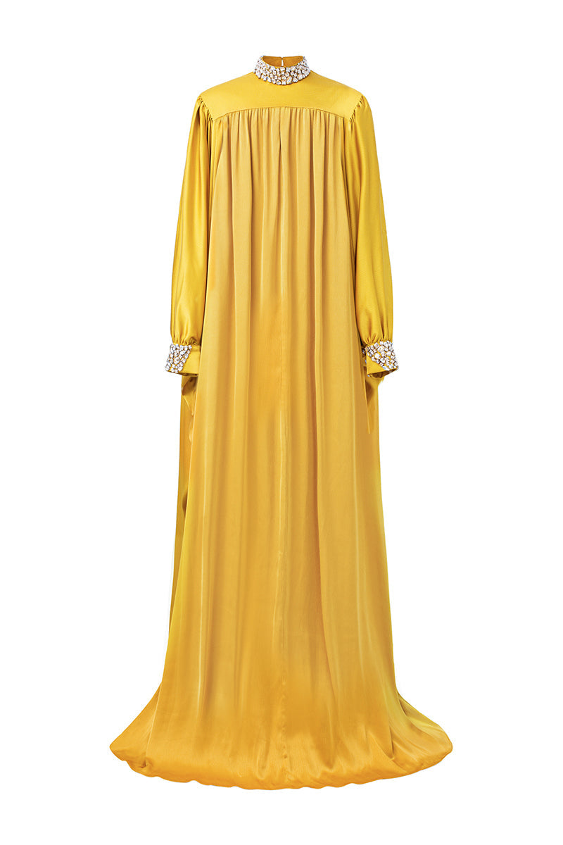 high-neck draped kaftan gown with embellished cuffs – AURORA