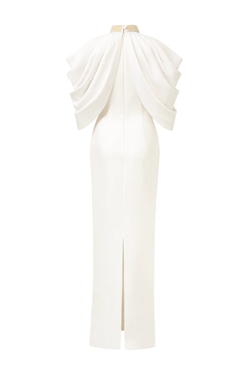 halter column gown with sculpted layered cape – AURELIA