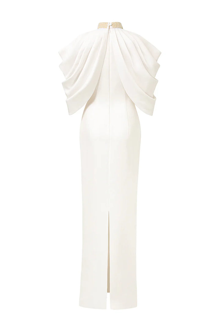 halter column gown with sculpted layered cape – AURELIA