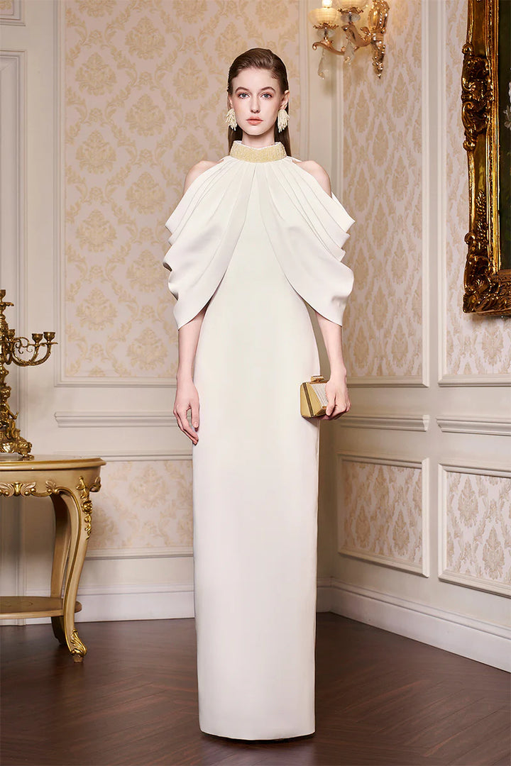 halter column gown with sculpted layered cape – AURELIA