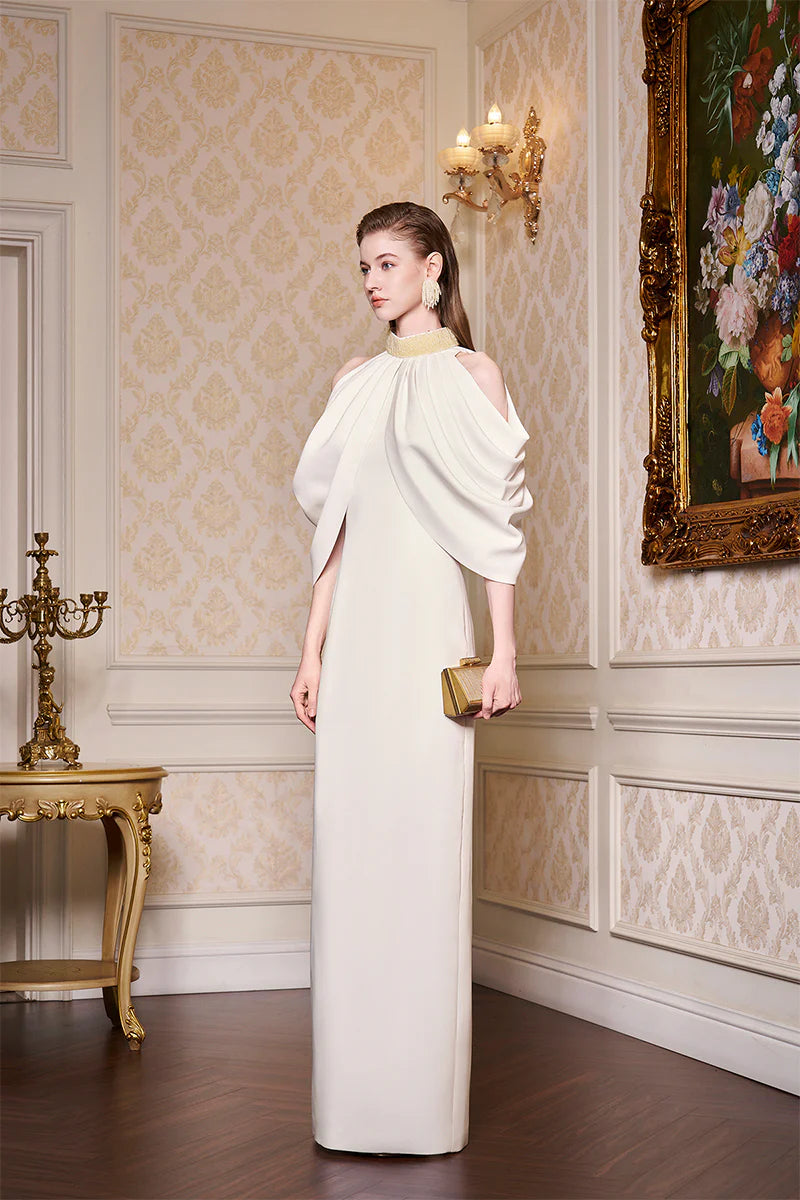 halter column gown with sculpted layered cape – AURELIA