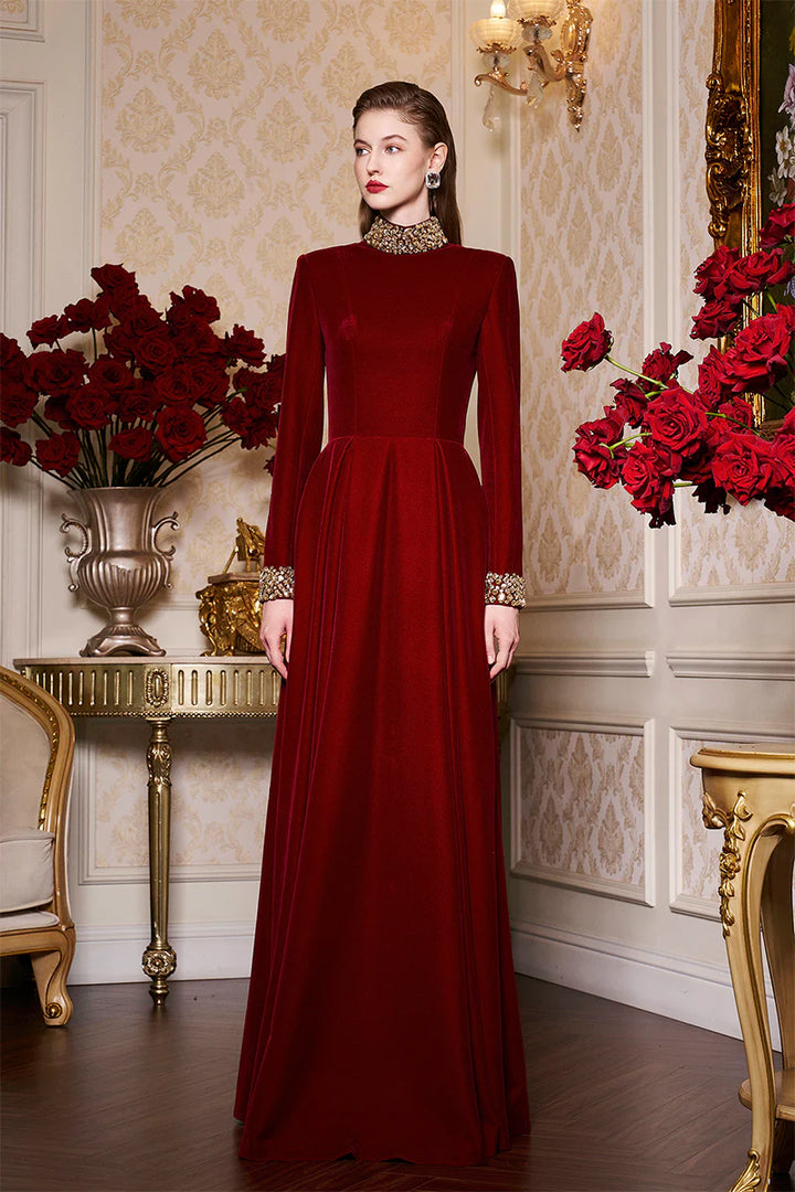 high-neck velvet gown with embellished cuffs – ROYALE