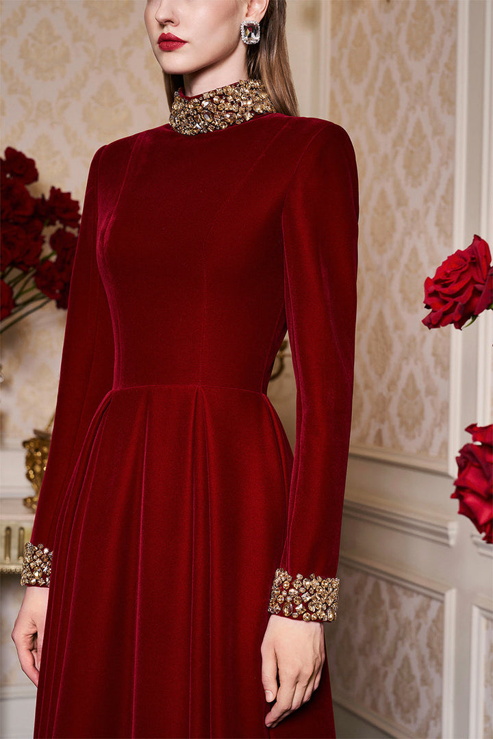high-neck velvet gown with embellished cuffs – ROYALE