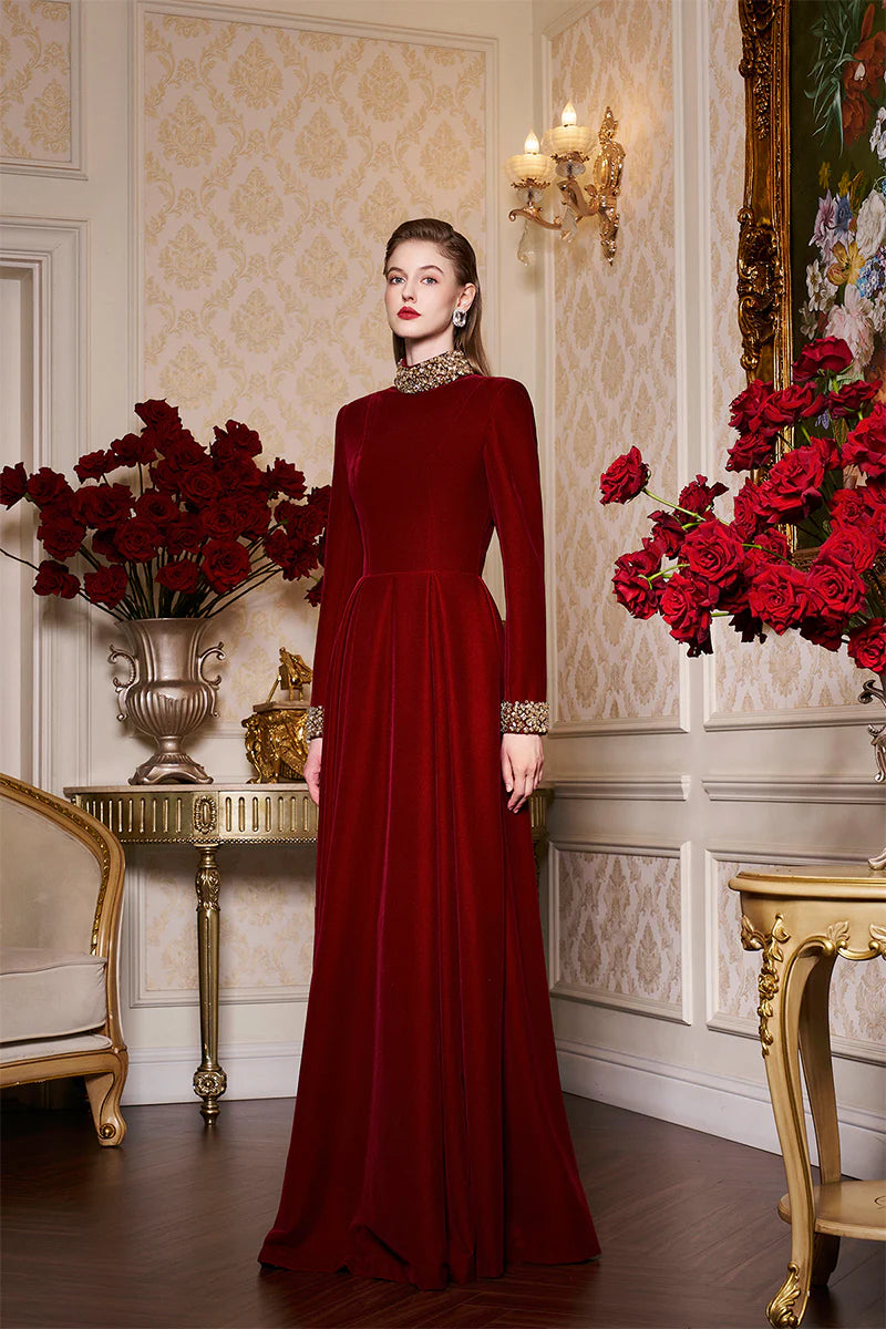 high-neck velvet gown with embellished cuffs – ROYALE