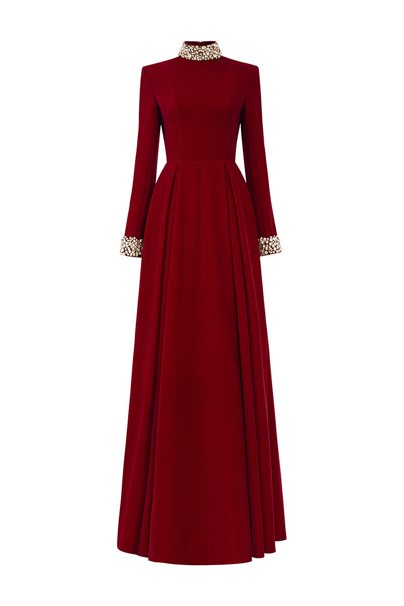 high-neck velvet gown with embellished cuffs – ROYALE