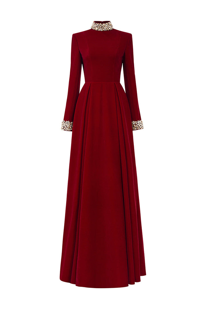 high-neck velvet gown with embellished cuffs – ROYALE