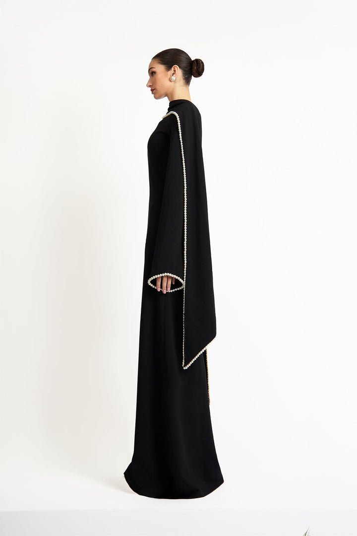 long-sleeve gown with draped pearl-trimmed cape – IVORY GRACE