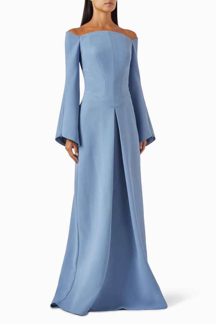 off-shoulder gown with flared sleeves – MERLOT