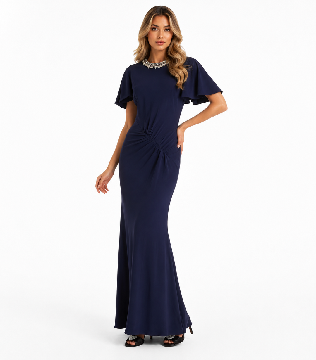 Crystal-Neck Ruched Gown - Midnight