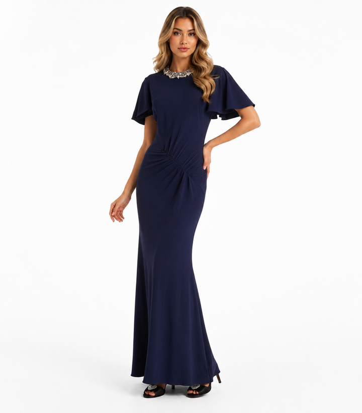 Crystal-Neck Ruched Gown - Midnight