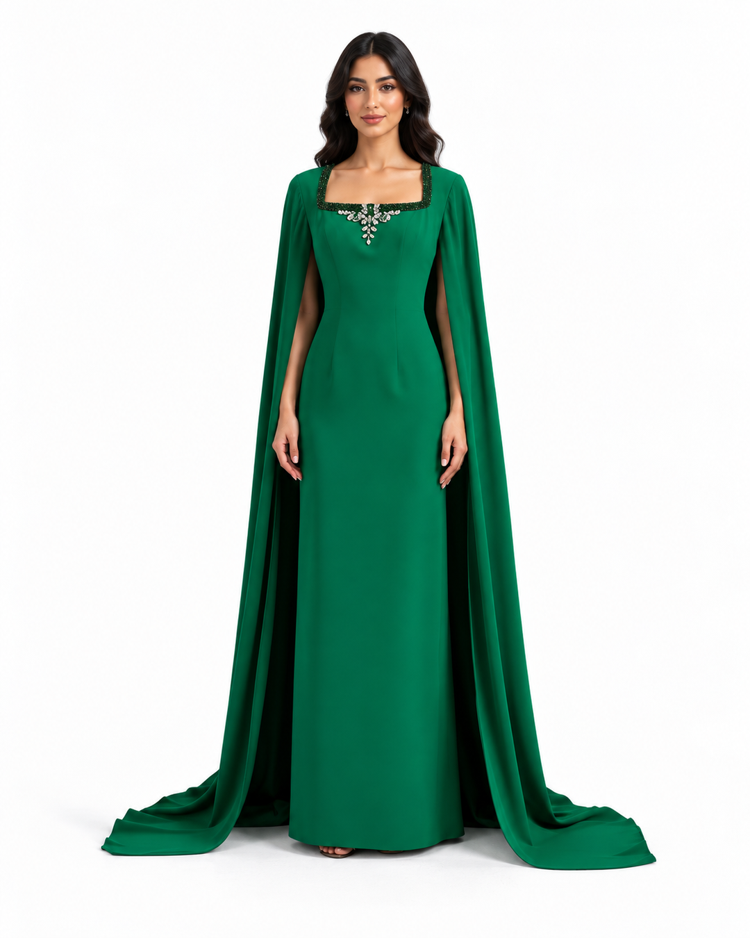 Emerald Cape Gown with Crystal Square - Neckline