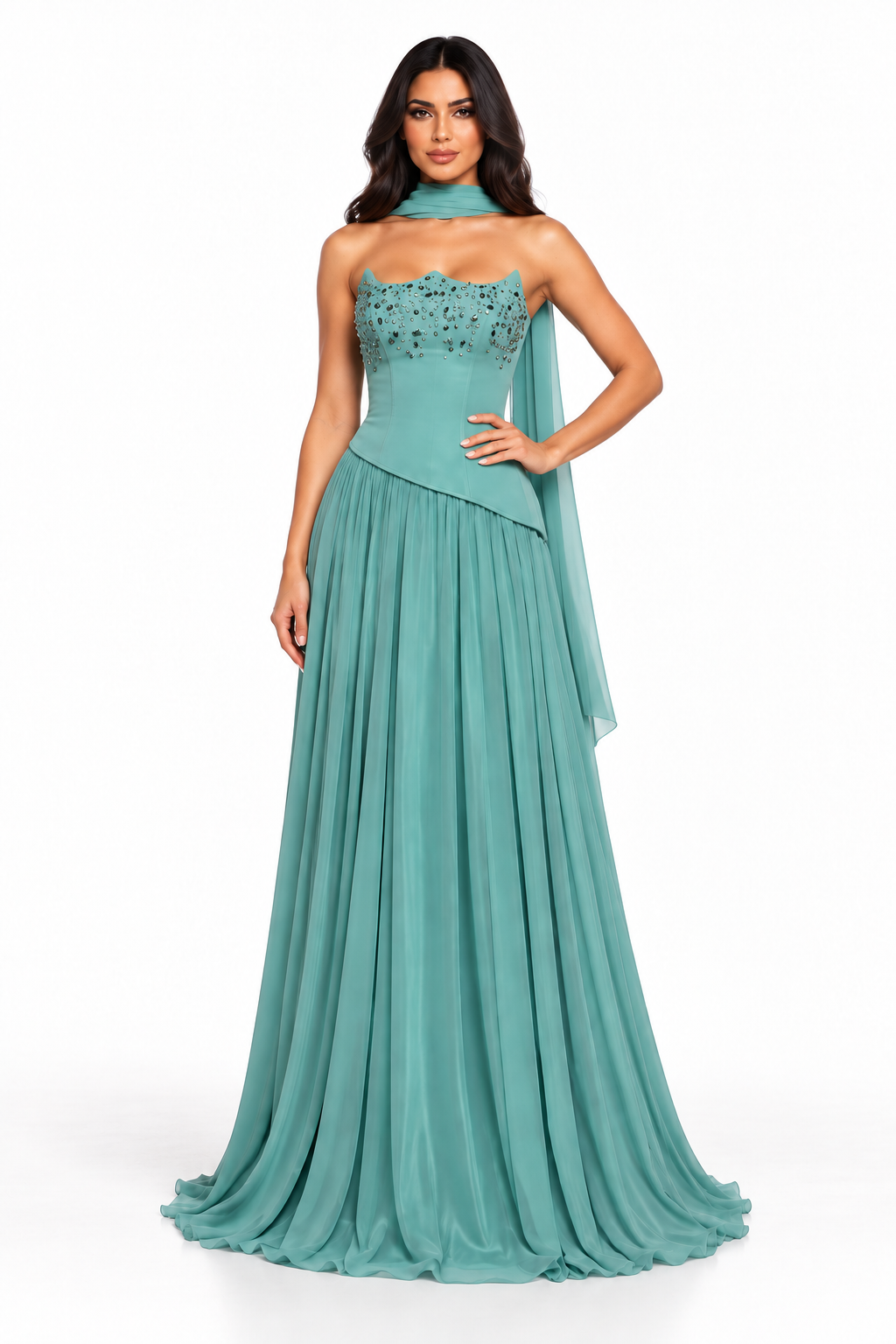 Mint Green Crystal Embellished Strapless Maxi Dress - Aria