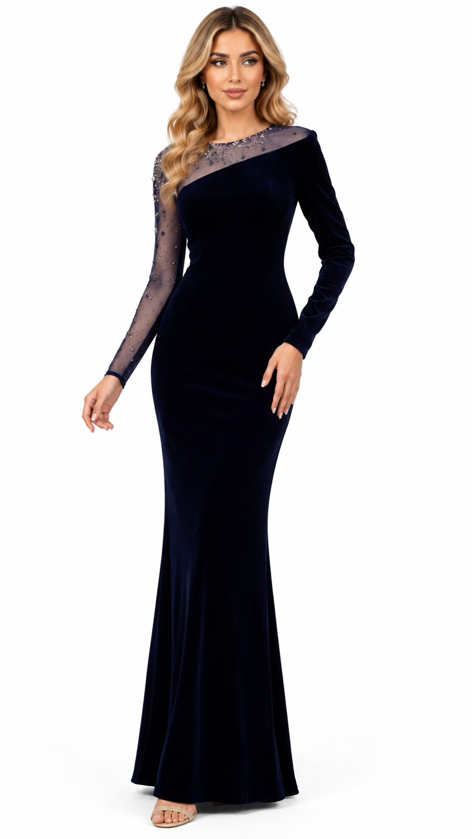 one shoulder velvet maxi dress with embellished sheer sleeve – MIDNIGHTA