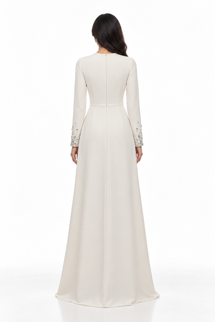 Ivory Crystal Embellished Evening Maxi Dress - Celina