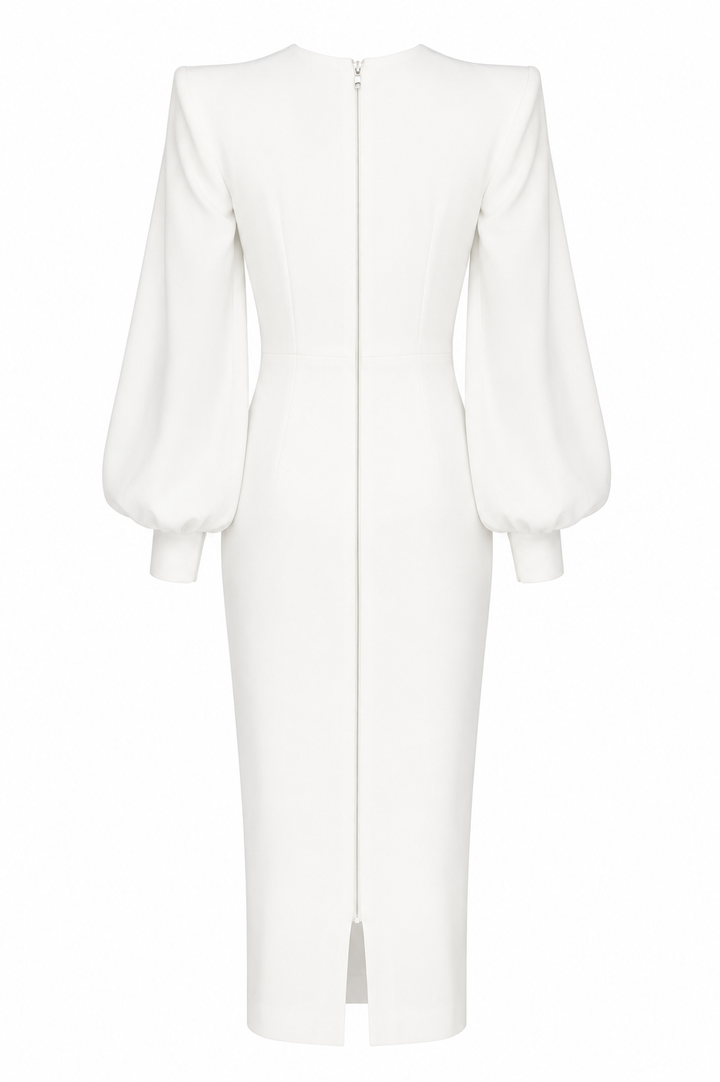 Balloon-Sleeve Midi Dress – Pearl