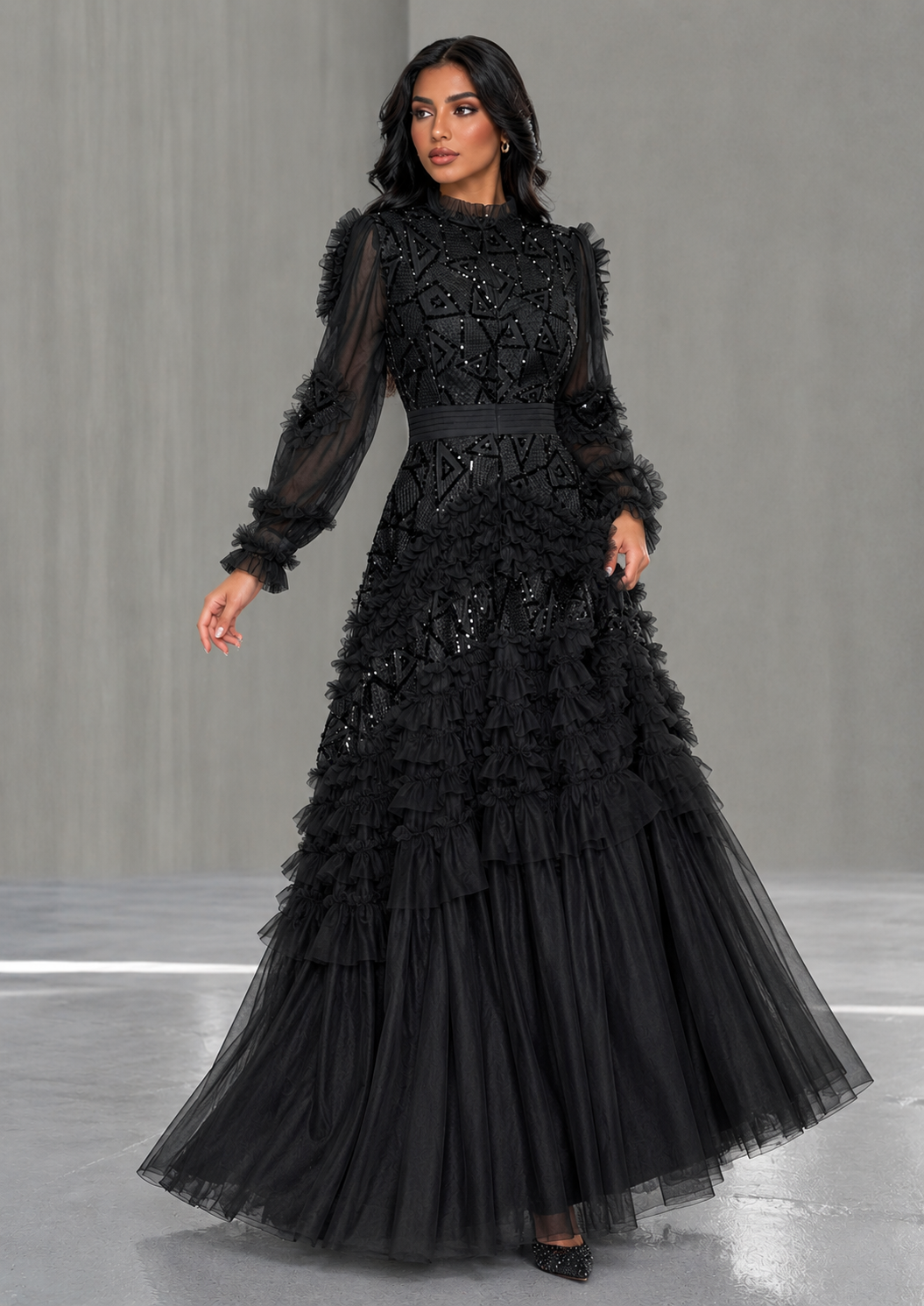 Gold Embellished Ruffle Evening Gown – Aurelia