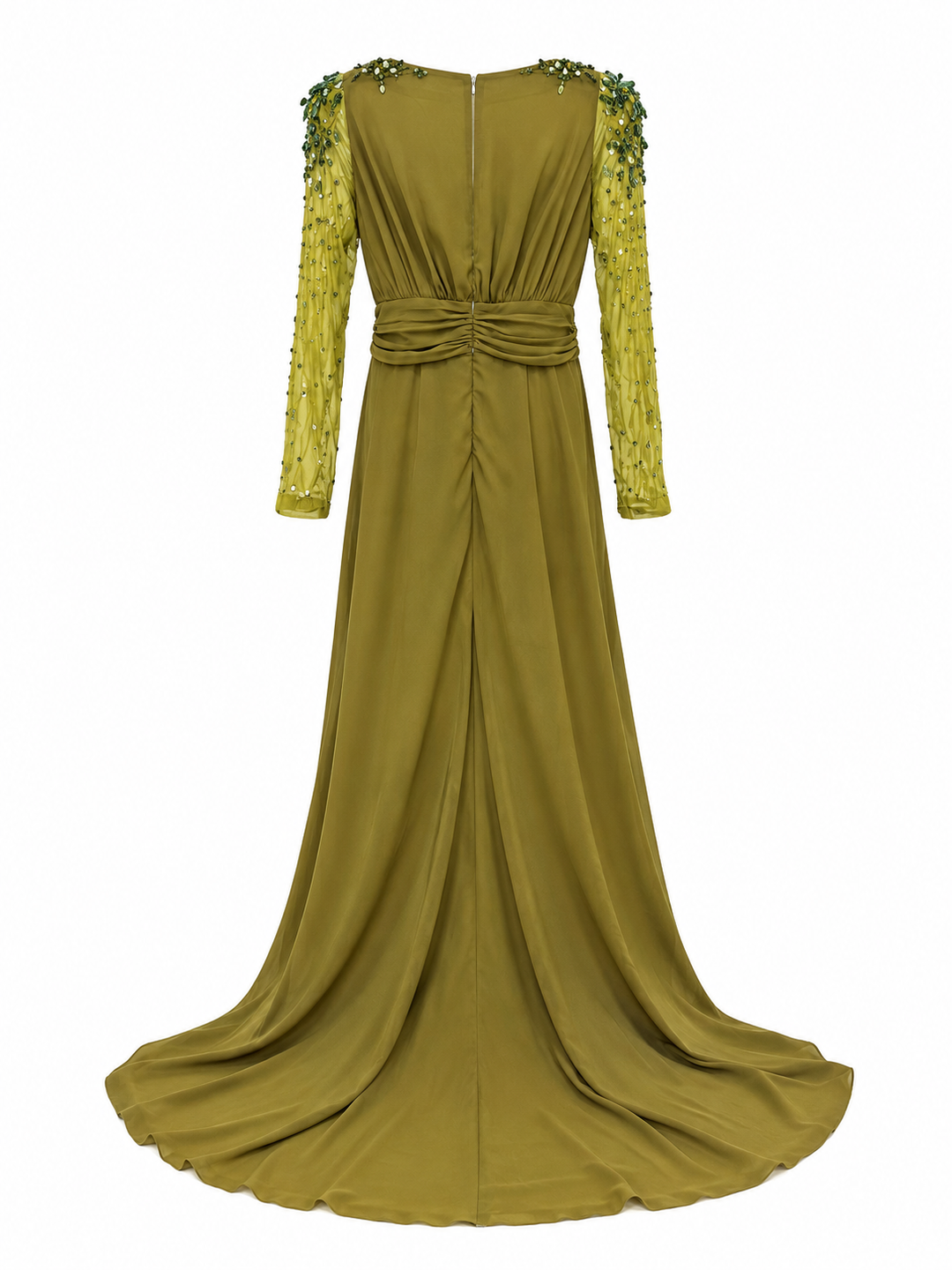 draped satin maxi dress with embellished sheer sleeves – OLIVIA