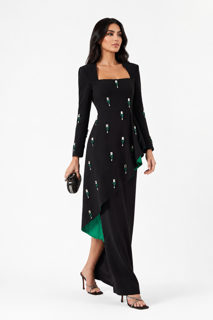 asymmetrical embroidered gown with emerald satin detail – NOIR