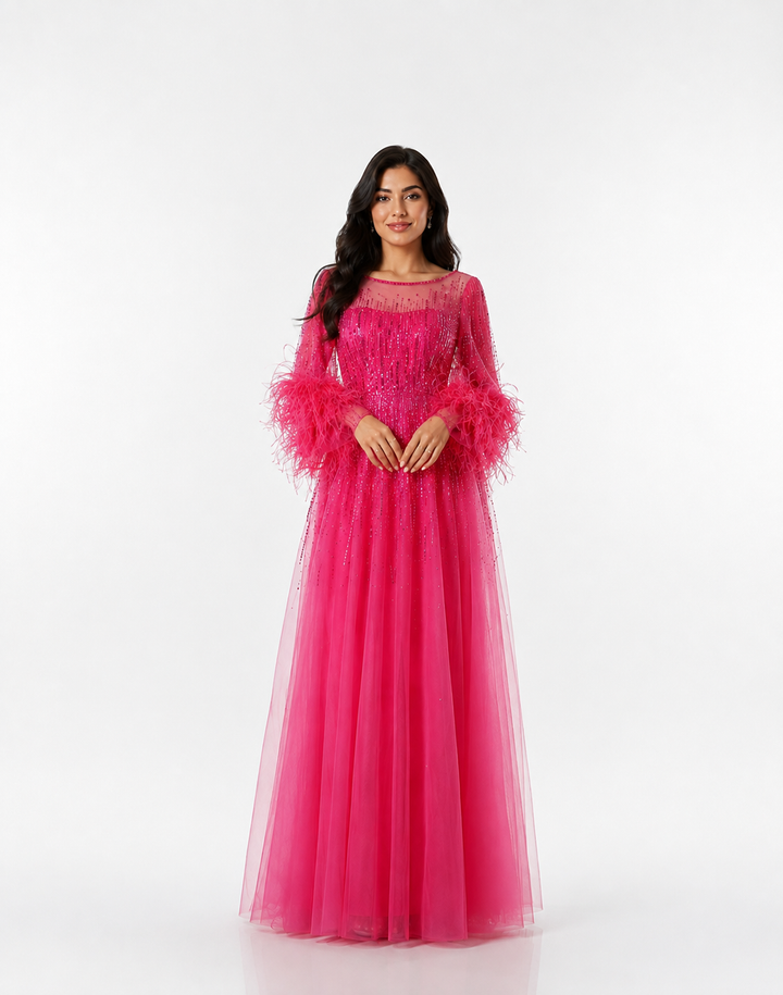 Feather Cuff Sequin Tulle Gown – FUCHSIA