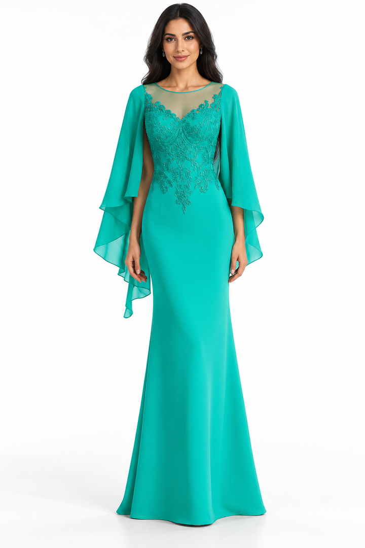 Embroidered Cape Sleeve Evening Gown - Elegance