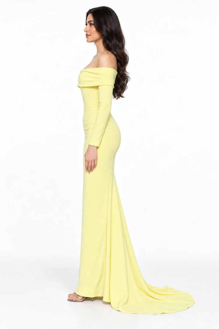 Pastel Yellow Off-Shoulder Long Sleeve Maxi Dress - Liana