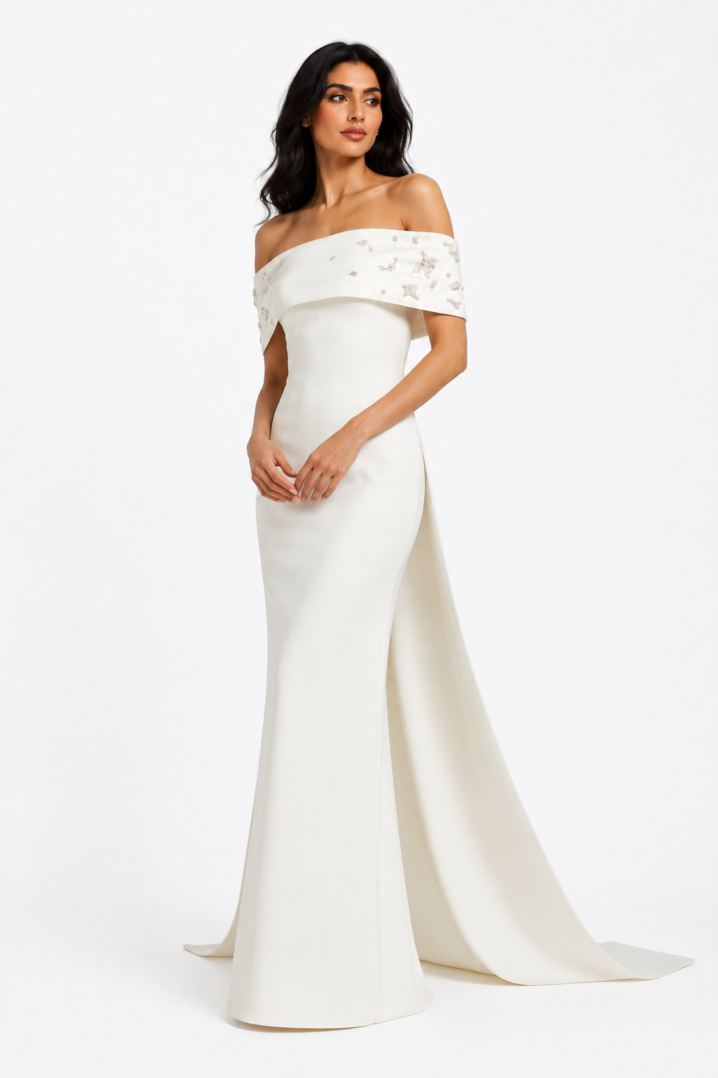 Ivory Off-Shoulder Cape Mermaid Gown – Aurora