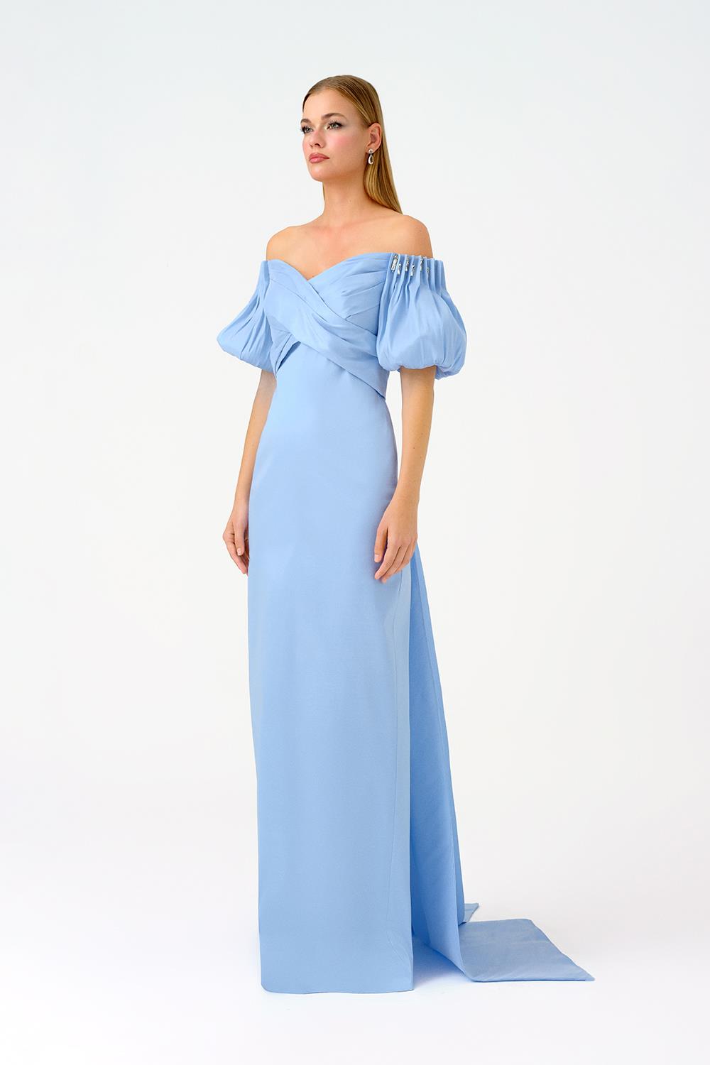 off-shoulder satin gown with puff sleeves – AURELIA