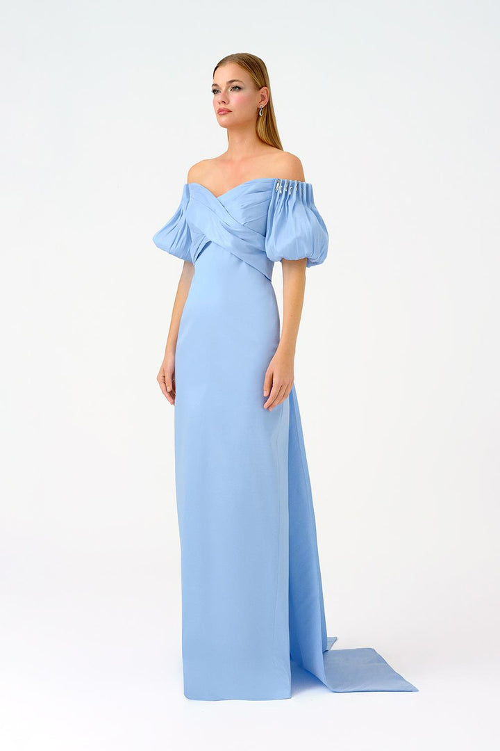 off-shoulder satin gown with puff sleeves – AURELIA
