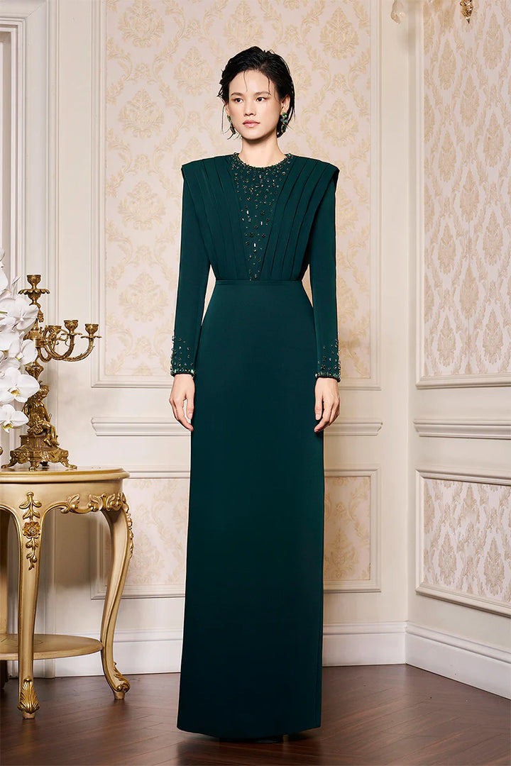 long-sleeve column gown with pleated sculpted bodice – EMERALDE