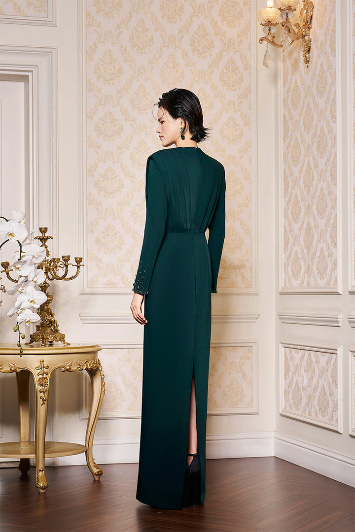 long-sleeve column gown with pleated sculpted bodice – EMERALDE