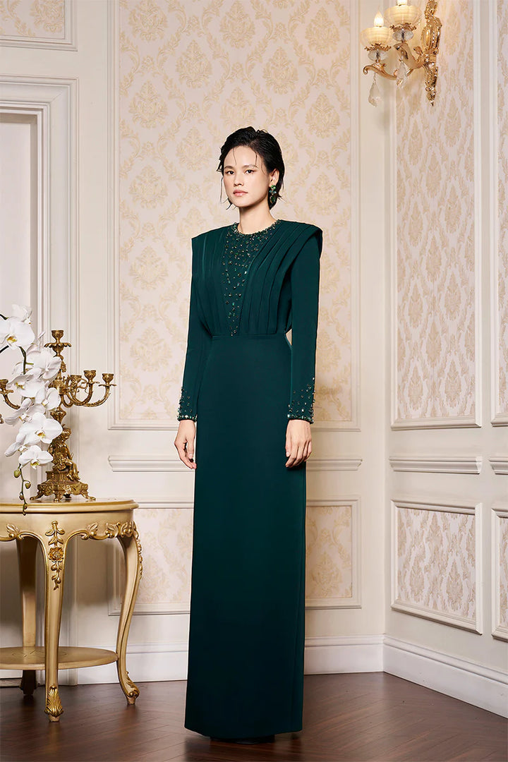long-sleeve column gown with pleated sculpted bodice – EMERALDE