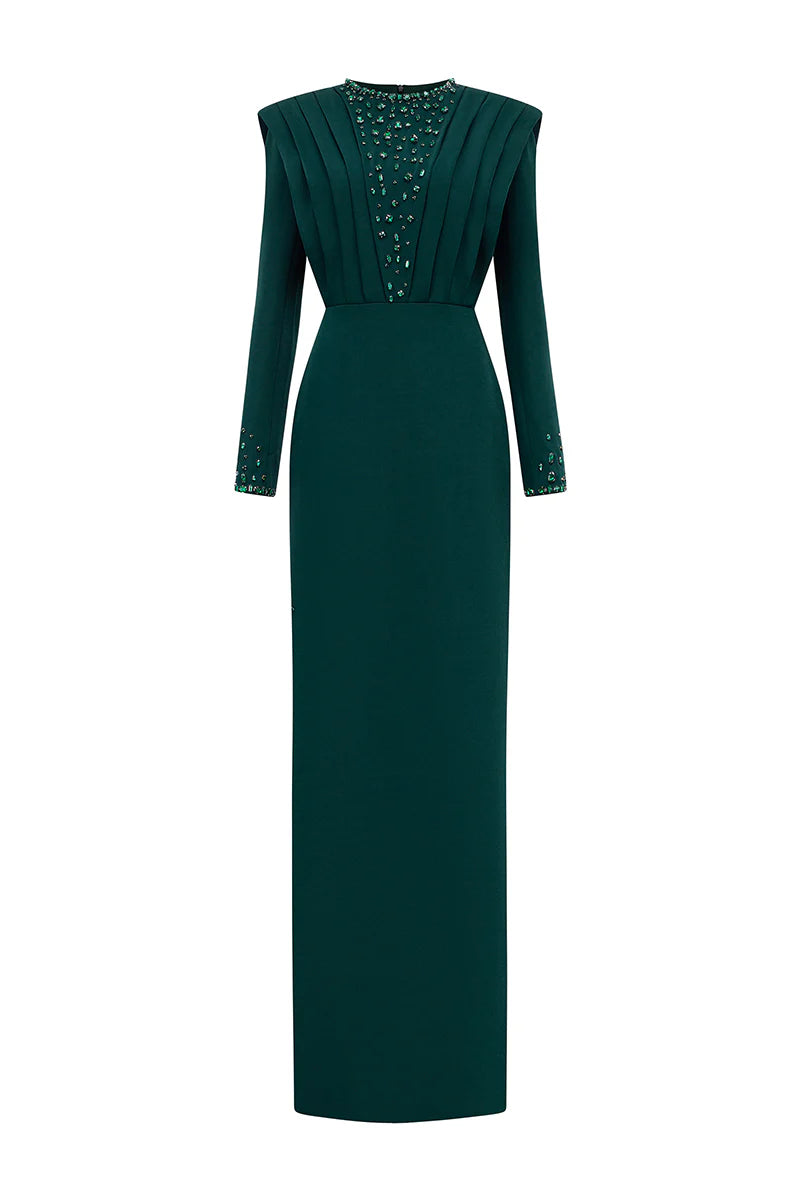 long-sleeve column gown with pleated sculpted bodice – EMERALDE