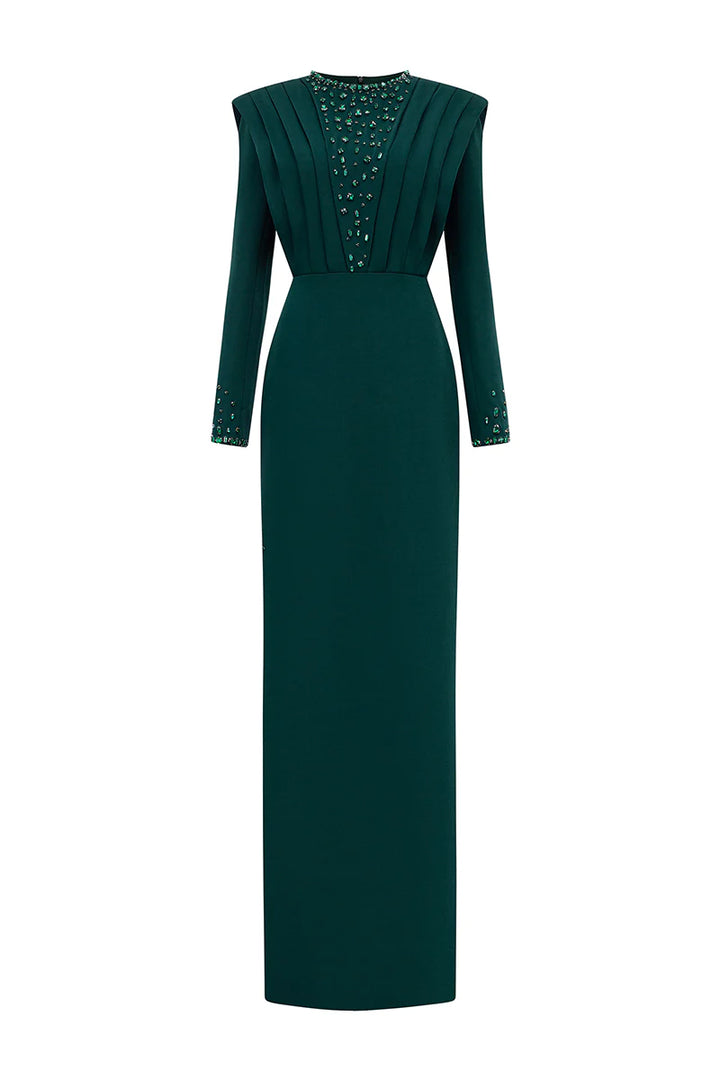 long-sleeve column gown with pleated sculpted bodice – EMERALDE