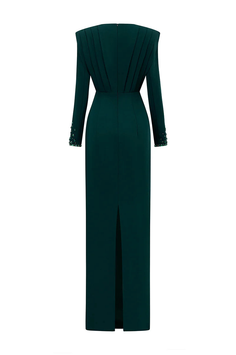 long-sleeve column gown with pleated sculpted bodice – EMERALDE