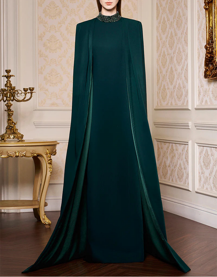 high-neck cape gown with beaded collar – ALLUREE