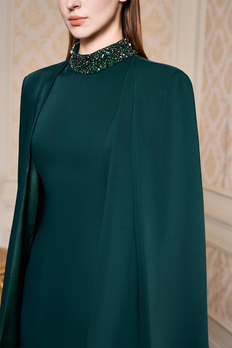 high-neck cape gown with beaded collar – ALLUREE