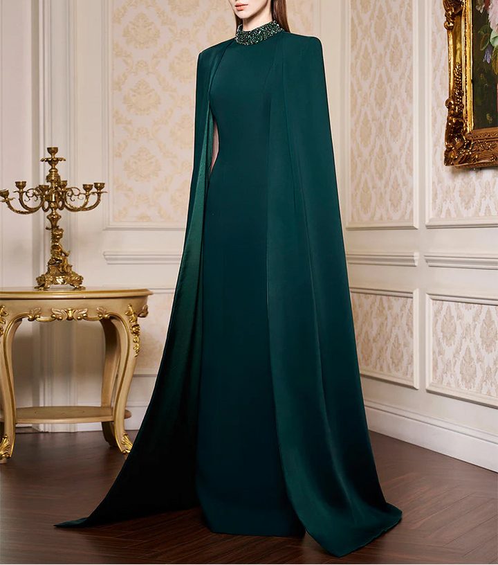 high-neck cape gown with beaded collar – ALLUREE