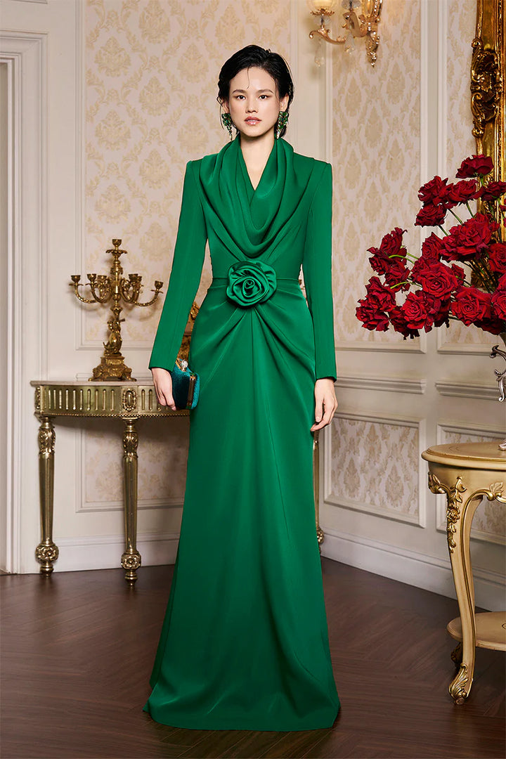 draped cowl-neck gown with sculpted rose waist – EMERALDE