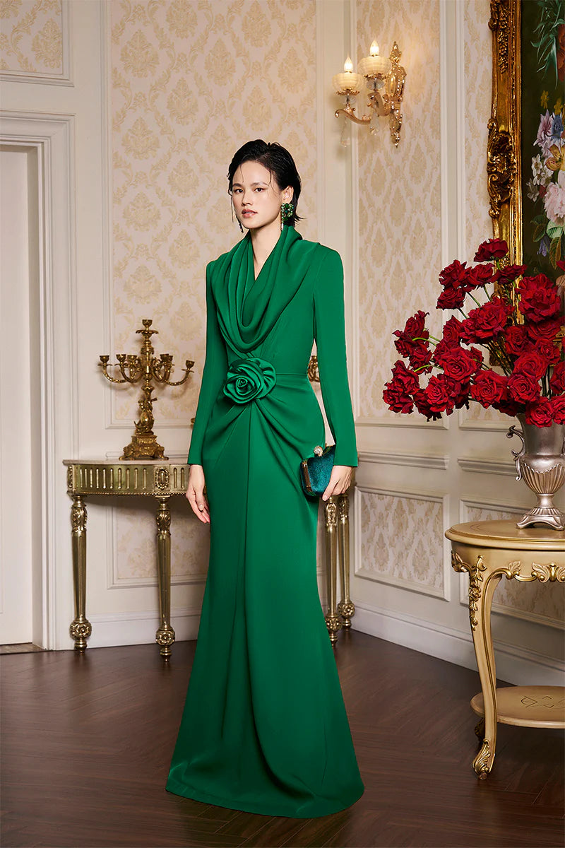 draped cowl-neck gown with sculpted rose waist – EMERALDE